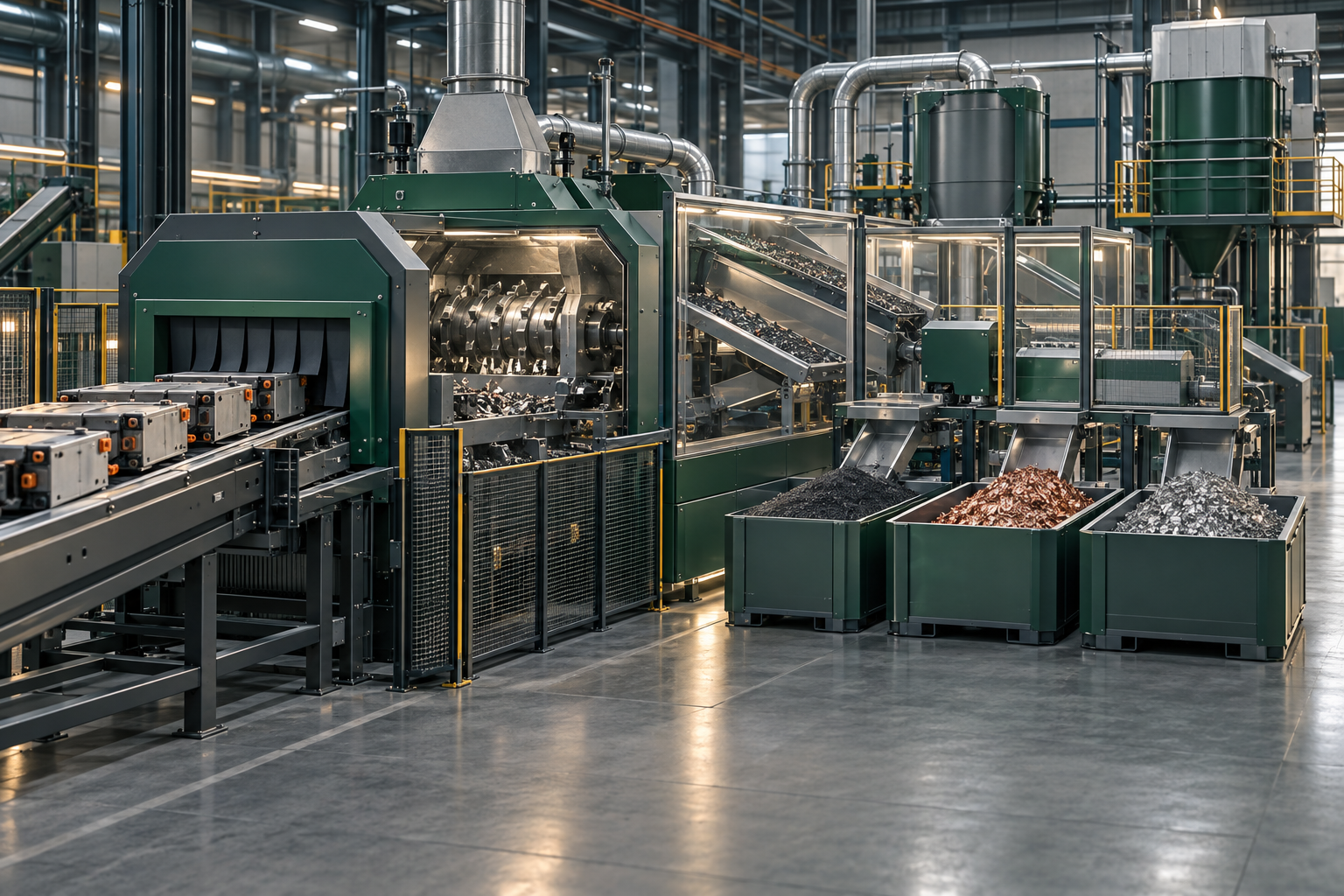 Conceptual enclosed mechanical battery recycling line with separated material fractions